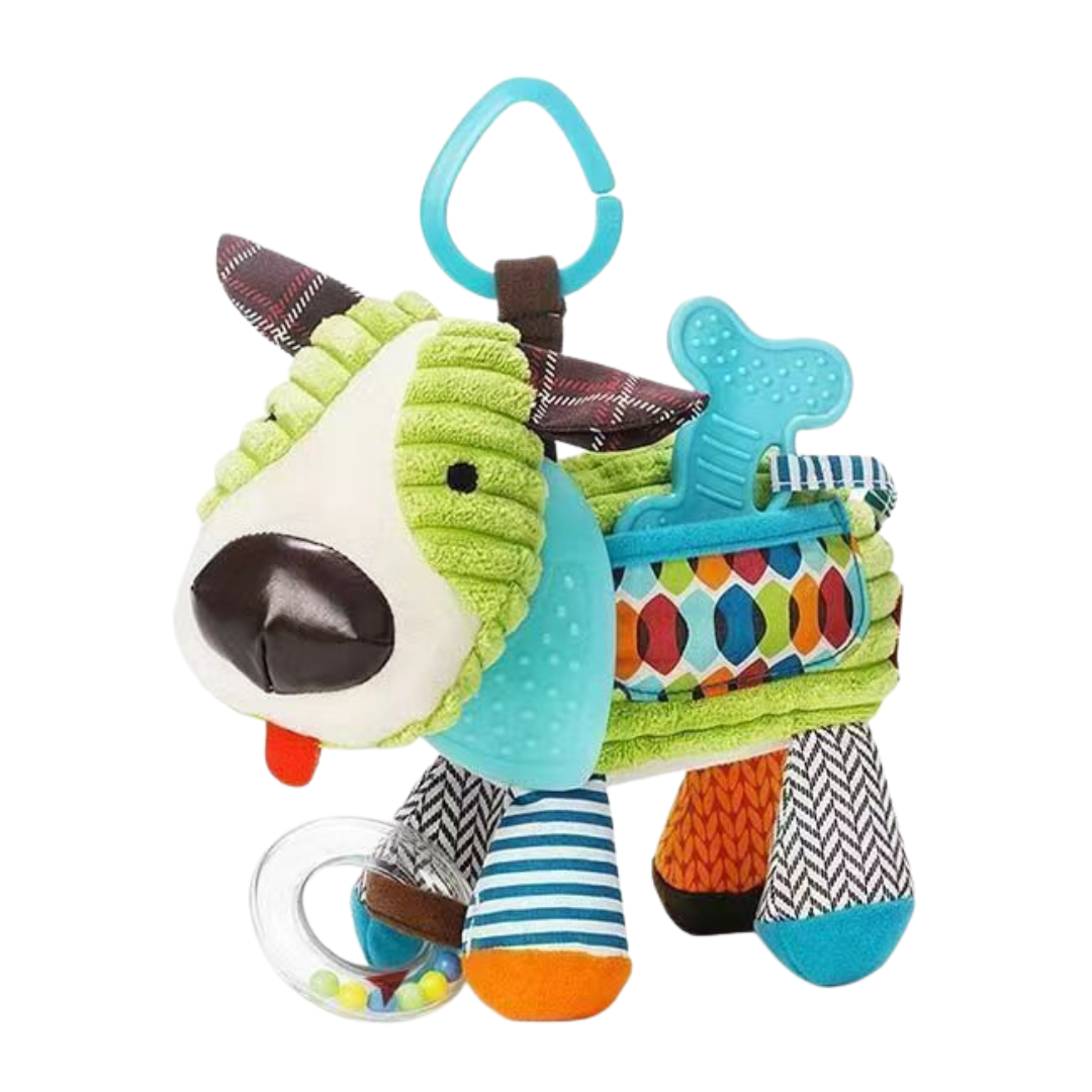 Sensory baby plush toy with rattle and silicone attachment for teething